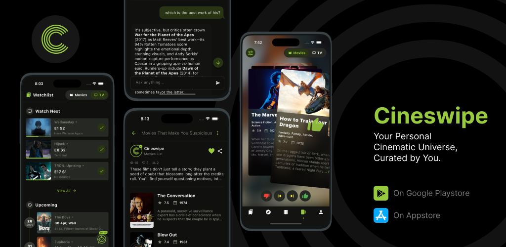 Cineswipe - a movie & TV tracker I've been building solo for 3 years, now ~4k monthly users. Just re